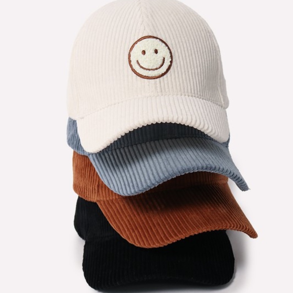 SOLD OUT Brown Smile Face Chenille Patch Corduroy Baseball Cap Hat Casual Women - Picture 2 of 2
